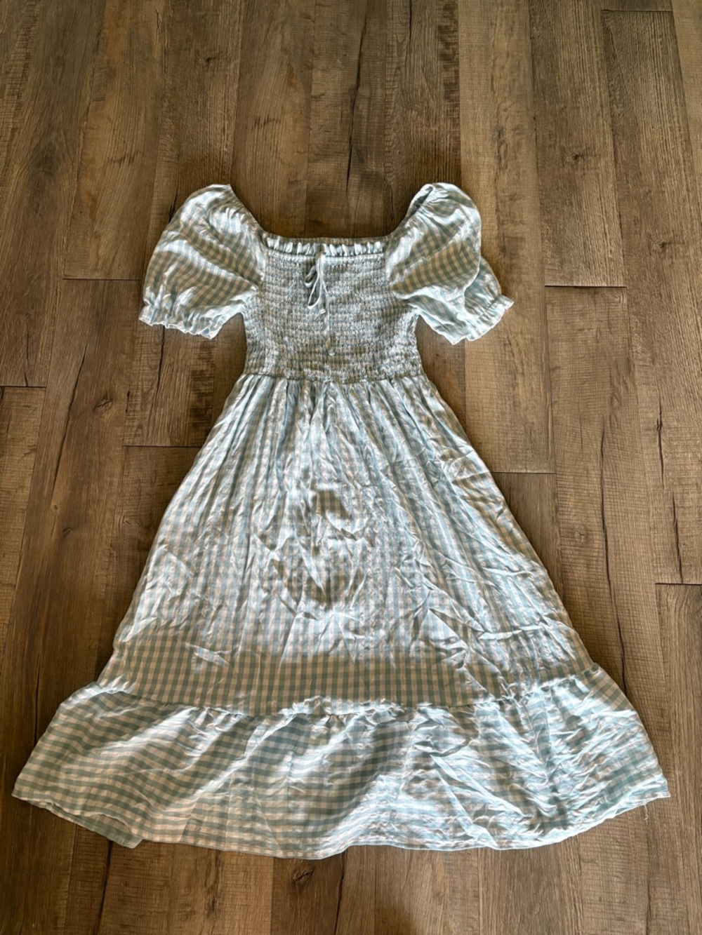 Light Blue Gingham Puff Sleeve Midi Dress